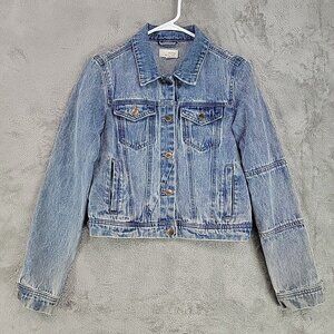 Caution To The Wind Trucker Jacket Womens S Blue Denim 100% Cotton Casual Staple